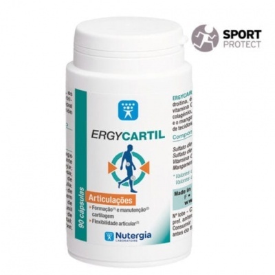 Frasco branco de suplemento ERGYCARTIL para articulações com 90 cápsulas