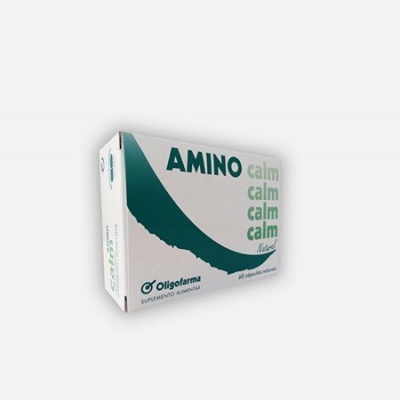 Embalagem branca de suplemento alimentar AMINO calm com texto e desenhos verdes