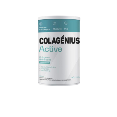 Embalagem do suplemento Colagénius Active em pó, 330g, rótulo branco e azul