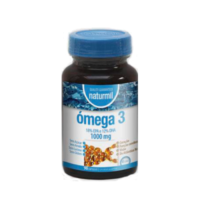 Frasco de suplemento ômega 3 da naturmil com tampa azul e cápsulas visíveis