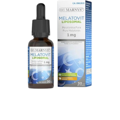 Frasco e caixa de suplemento melatonina MARNYS MELATOVIT LIPOSOMAL