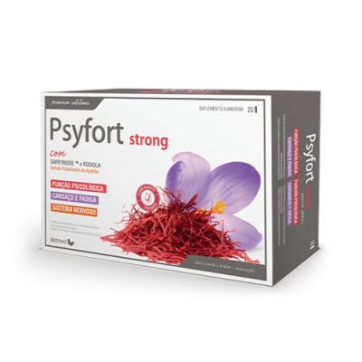 Embalagem do suplemento alimentar Psyfort Strong com imagem de flor e açafrão e texto informativo.