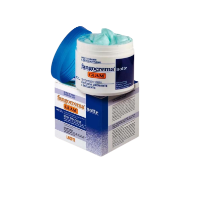 Pote e caixa da Fangocrema GUAM creme corporal azul claro com tampa azul