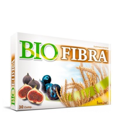 Embalagem do suplemento alimentar BIO FIBRA com imagens de figos, ameixas e cereais