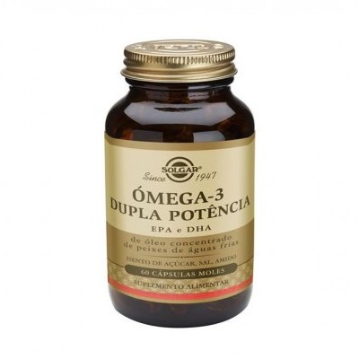 Frasco de suplemento alimentar Omega-3 com rótulo bege e tampa dourada