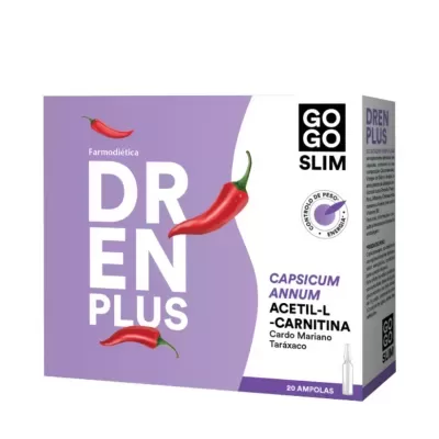 Caixa do produto DREN PLUS da GOGO SLIM com pimentos vermelhos e texto informativo