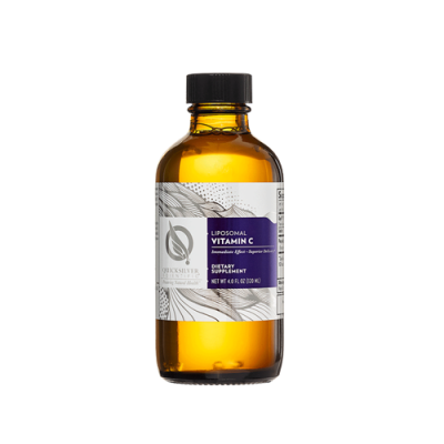Frasco âmbar com suplemento lipossomal de Vitamina C e rótulo branco roxo.
