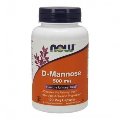 Frasco de suplemento NOW D-Mannose 500 mg com rótulo laranja e branco