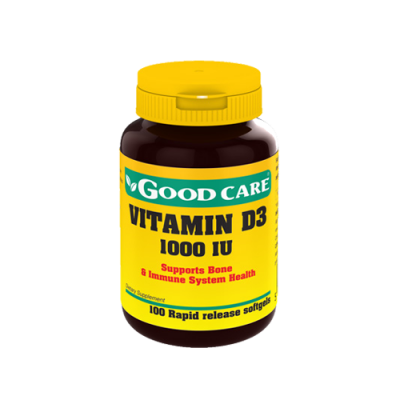 Frasco de suplemento Vitamin D3 1000 IU da marca Good Care com rótulo amarelo