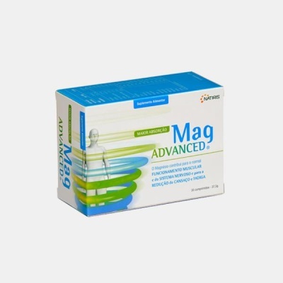 Embalagem do suplemento Mag Advanced Natros com texto informativo e design em azul, verde e cinzento