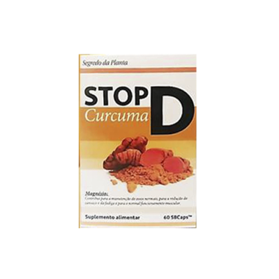 Embalagem de suplemento alimentar STOP D Curcuma com imagem de curcuma e texto