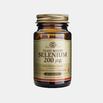 Frasco de suplemento alimentar Solgar Yeast Bound Selenium 200 µg em vidro âmbar