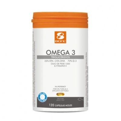 Frasco branco de Omega 3 BIOFIL com tampa laranja e rótulo detalhado em português