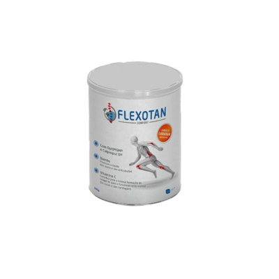 Suplemento alimentar FLEXOTAN em lata branca com imagem de figura humana cinza e texto em português