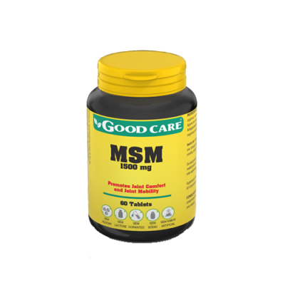 frasco plástico de suplemento GOOD CARE MSM 1500 mg, 60 comprimidos, rótulo amarelo e tampa amarela