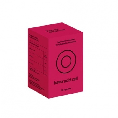 Caixa vermelha de suplemento alimentar hawa•acid cell com texto preto