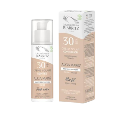 Creme solar de cor fator 30 Laboratoires de Biarritz com embalagem e doseador