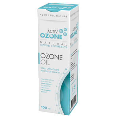Embalagem branca e azul de óleo ozonizado Activ Ozone com texto em várias línguas e capacidade de 100 ml