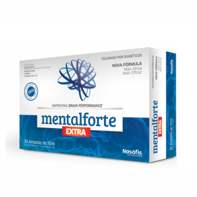 Caixa de mentalforte EXTRA azul e branca com texto e logotipo da marca Nosófís.