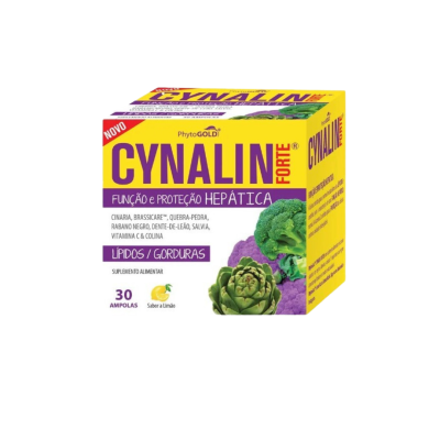 Embalagem amarela de suplemento alimentar Cynalin Forte com texto e imagens de vegetais