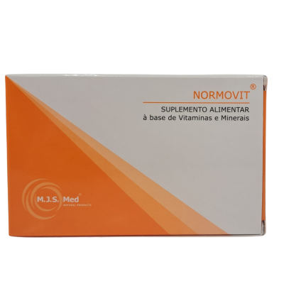 Embalagem branca e laranja de suplemento alimentar Normovit com texto e logotipo.