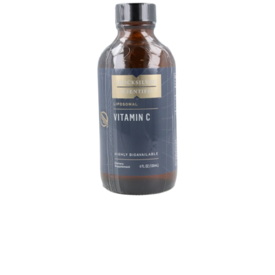 Frasco de vitamina C lipossomal em vidro âmbar com rótulo azul e dourado.