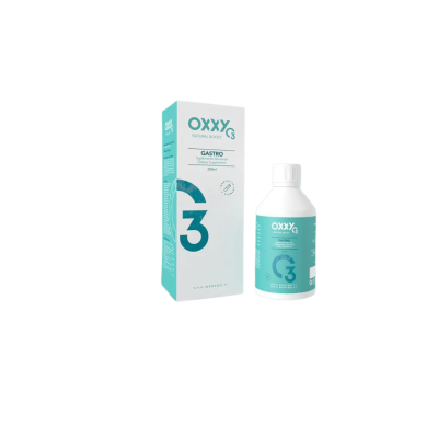 Frasco e caixa do produto OXXY G3 para GASTRO em branco e azul claro