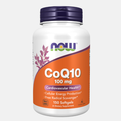 Frasco de suplemento NOW CoQ10 100 mg com 150 cápsulas moles