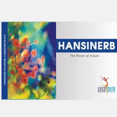 Embalagem do produto Hansinerb com design colorido abstrato e logo da Luso Diete