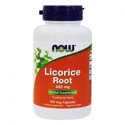 Frasco de suplemento NOW Licorice Root 450 mg com 100 cápsulas vegetais