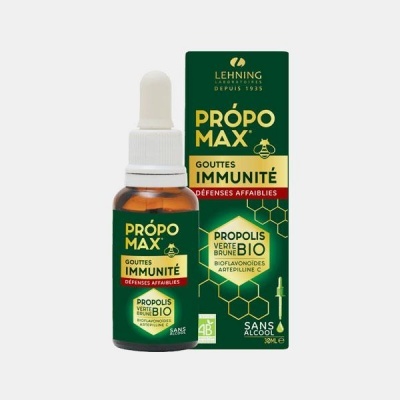 Frasco de gotas PRÓPO MAX para imunidade com embalagem verde e texto amarelo