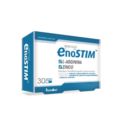 Caixa de suplemento alimentar BIOKYGEN ENOSTIM azul e branca com texto em azul escuro