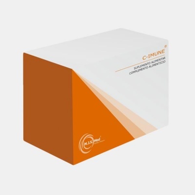 Caixa de suplemento alimentar C-IMUNE branco e laranja com texto e logo MJS Med