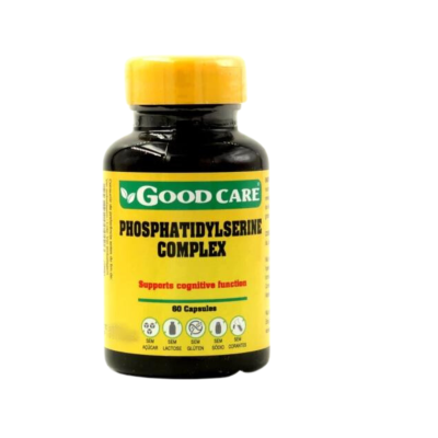 Frasco de suplemento Good Care Phosphatidylserine Complex com tampa e rótulo amarelos
