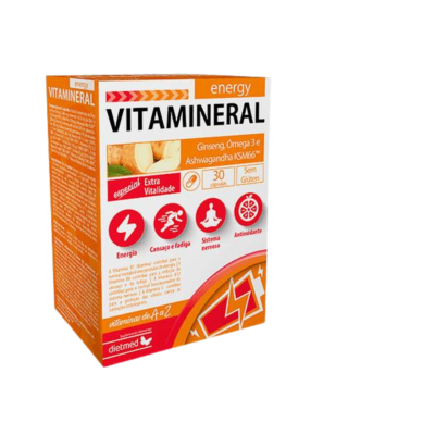 Caixa laranja e branca de suplemento VITAMINERAL com texto sobre ingredientes e benefícios.