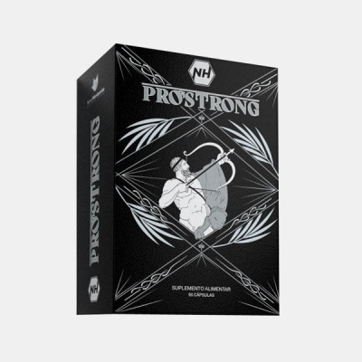 Caixa preta do suplemento alimentar PROSTRONG com imagem de arqueiro e texto branco e prata.