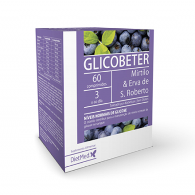 Caixa roxa de suplemento alimentar Glicobeter com mirtilos e texto em português