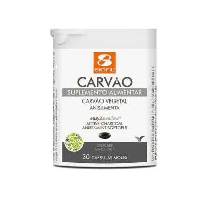 Frasco branco de suplemento alimentar Biofil de carvão vegetal anis e menta com 30 cápsulas moles