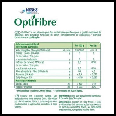 Embalagem OptiFibre da Nestlé Health Science com informação nutricional em português