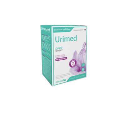 Embalagem de suplemento alimentar Urimed branco e verde com flor roxa