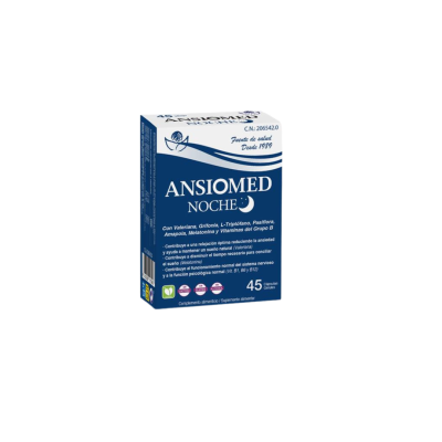 Embalagem do suplemento ANSIOMED NOCHE azul e branca com texto sobre composição e número de cápsulas.