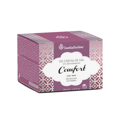 Caixa rosa de creme de dia Comfort para pele seca com padrão branco e etiquetas roxas.