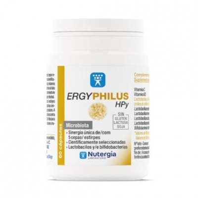 Frasco branco de suplemento alimentar ERGYPHILUS HPy Nutergia com rótulo amarelo e azul