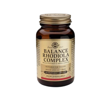 frasco de suplemento alimentar Solgar Balance Rhodiola Complex em vidro castanho com tampa dourada