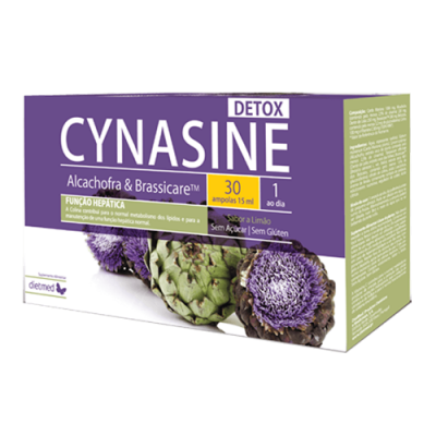 Embalagem de Cynasine Detox com 30 ampolas, sabor limão, função hepática