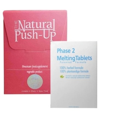 Dois pacotes de suplementos alimentares, um rosa e outro branco com texto em inglês.