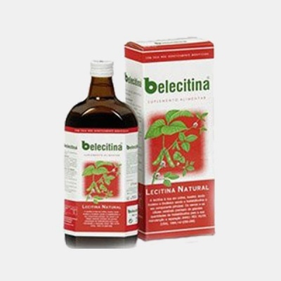 Frasco de suplemento alimentar belecitina com embalagem e ilustração de planta