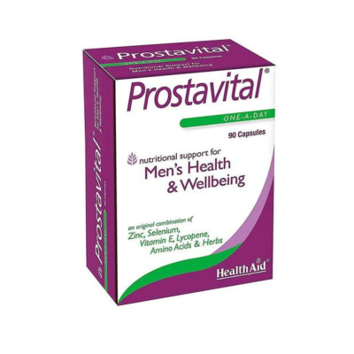 Embalagem de suplemento Prostavital para saúde masculina com texto em inglês