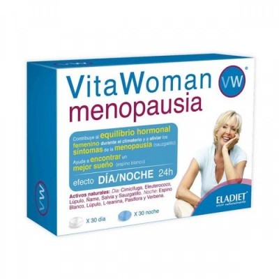 Embalagem azul e branca do VitaWoman menopausia com texto e mulher sorridente