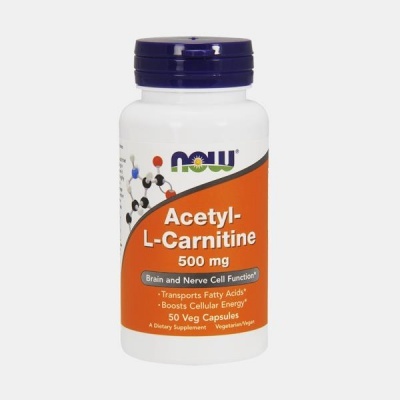frasco branco com tampa roxa de suplemento NOW Acetyl-L-Carnitine 500 mg